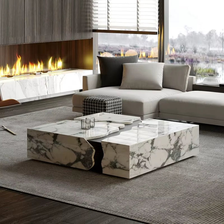 2025 Minimalist Black Solid Wood Coffee Table Luxury Natural Marble Top Creative Designer Living Room Centerpiece Home Furniture