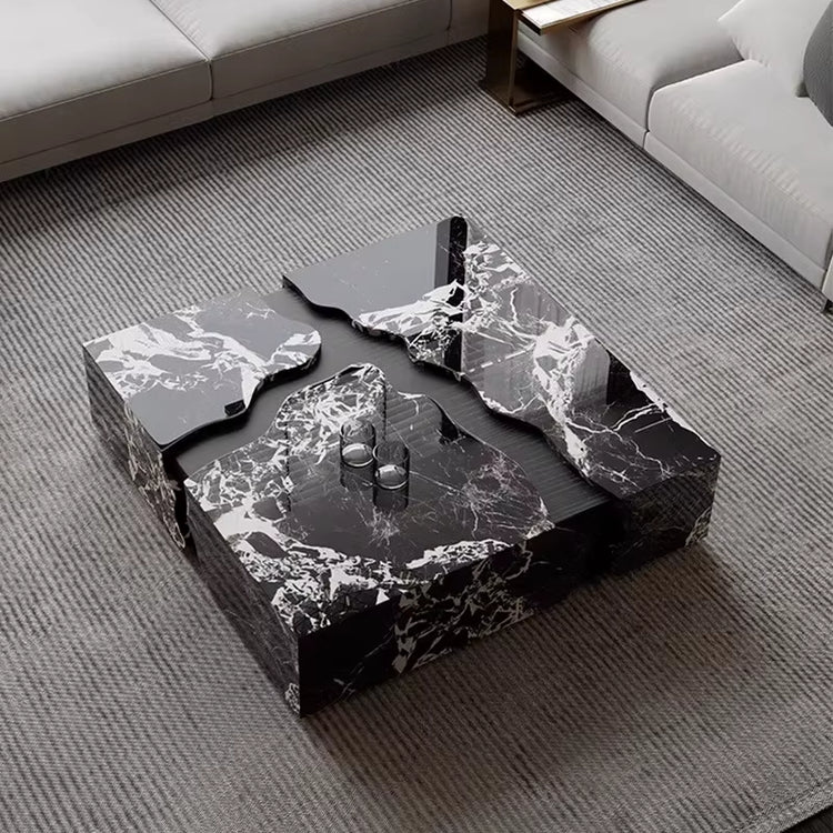 2025 Minimalist Black Solid Wood Coffee Table Luxury Natural Marble Top Creative Designer Living Room Centerpiece Home Furniture