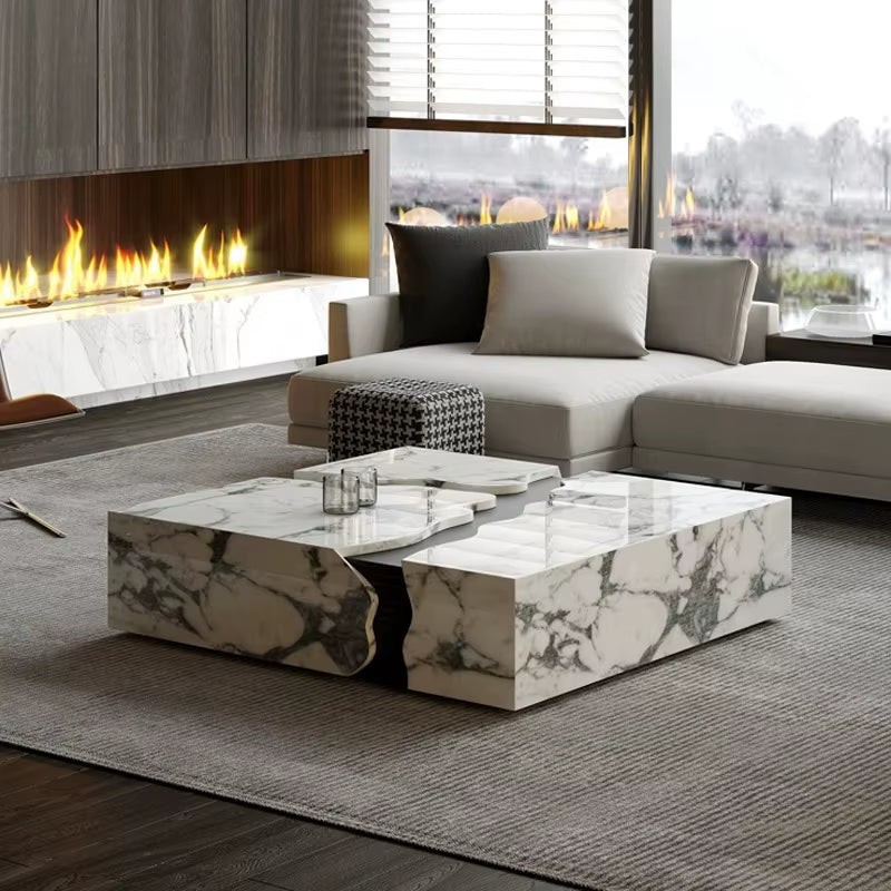 2025 Minimalist Black Solid Wood Coffee Table Luxury Natural Marble Top Creative Designer Living Room Centerpiece Home Furniture