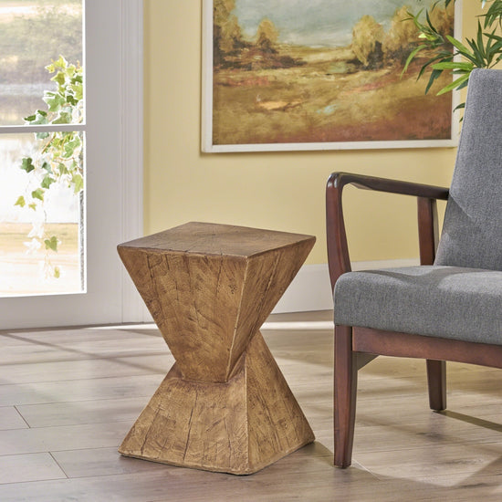 Twisted Hourglass Outdoor Side Table – Hand-Painted Lightweight Concrete Accent with Wood Look, 18" Tall