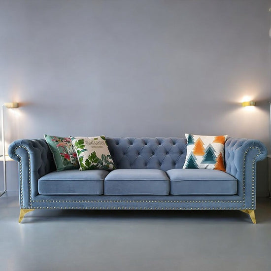 Marseille Tufted Velvet Sofa – Modern Luxury Chesterfield 3-Seater with Gold Legs
