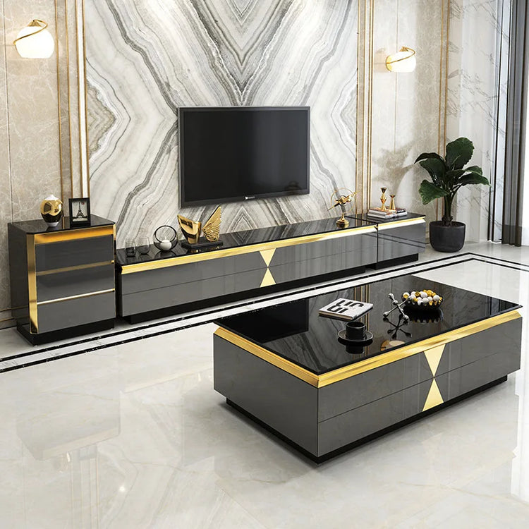 Modern Light Luxury Tempered Glass Gold Marble Coffee Table and TV Cabinet with Drawer Combination for Living Room Furniture