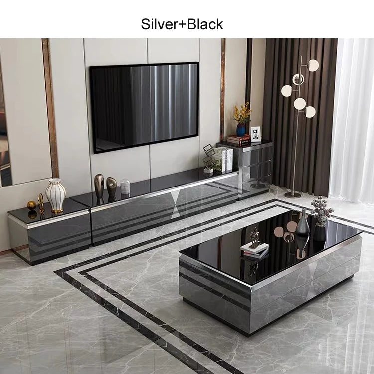 Modern Light Luxury Tempered Glass Gold Marble Coffee Table and TV Cabinet with Drawer Combination for Living Room Furniture