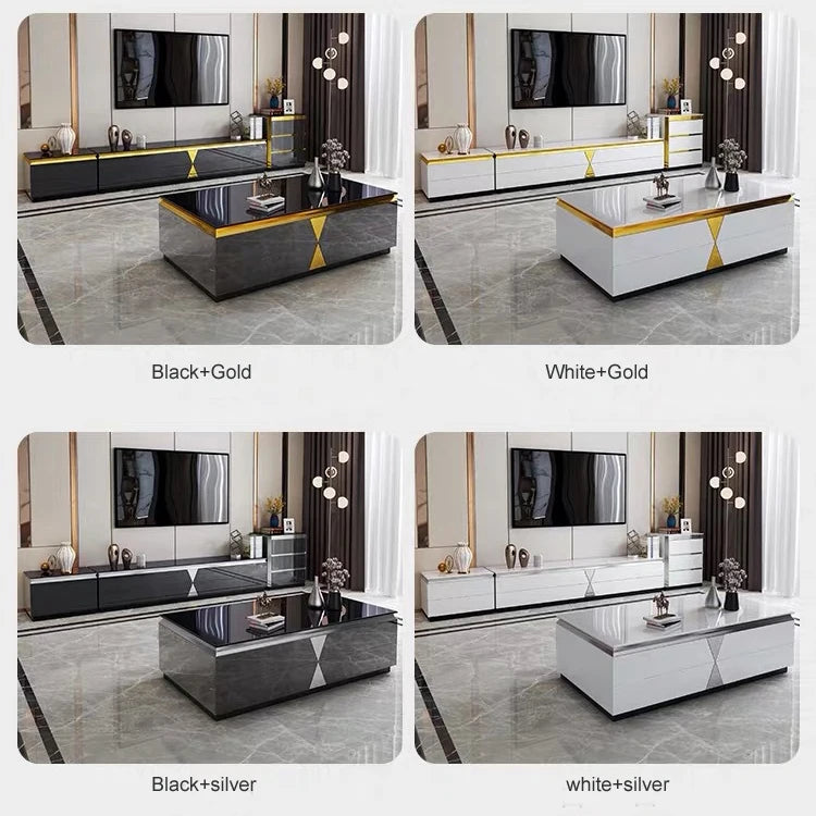 Modern Light Luxury Tempered Glass Gold Marble Coffee Table and TV Cabinet with Drawer Combination for Living Room Furniture