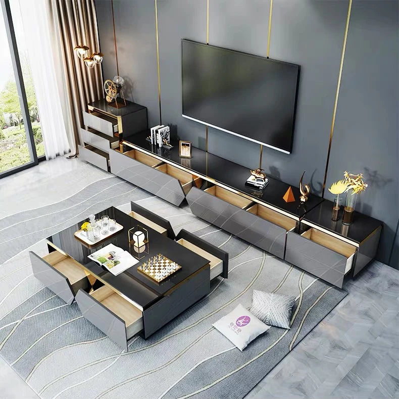 Modern Light Luxury Tempered Glass Gold Marble Coffee Table and TV Cabinet with Drawer Combination for Living Room Furniture