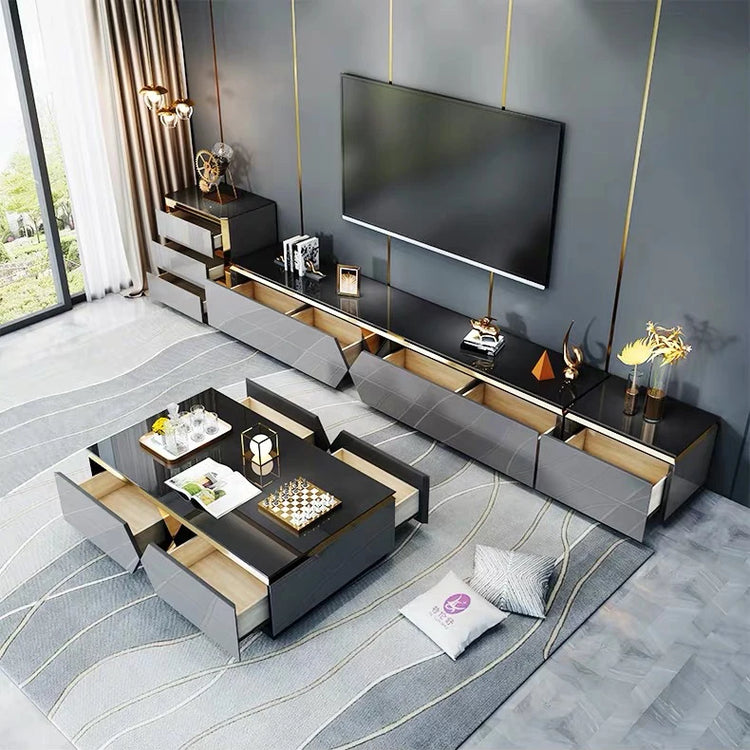 Modern Light Luxury Tempered Glass Gold Marble Coffee Table and TV Cabinet with Drawer Combination for Living Room Furniture