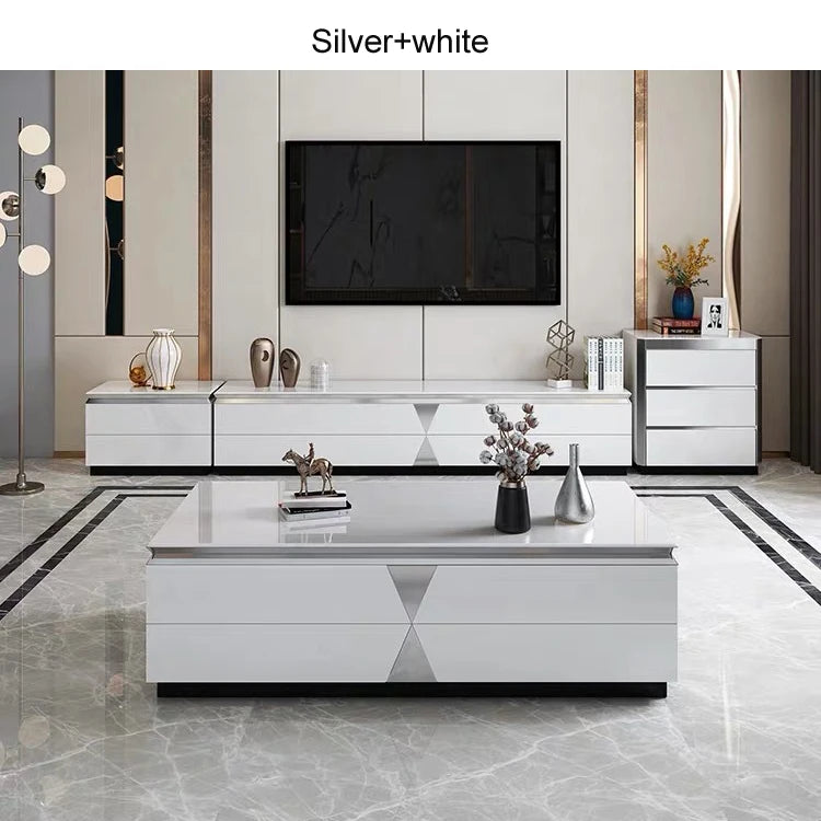 Modern Light Luxury Tempered Glass Gold Marble Coffee Table and TV Cabinet with Drawer Combination for Living Room Furniture