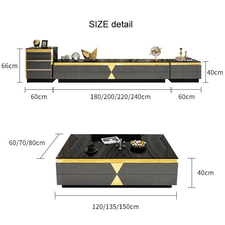 Modern Light Luxury Tempered Glass Gold Marble Coffee Table and TV Cabinet with Drawer Combination for Living Room Furniture