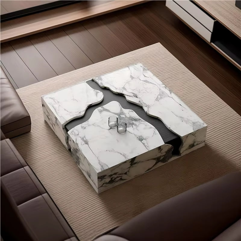 2025 Minimalist Black Solid Wood Coffee Table Luxury Natural Marble Top Creative Designer Living Room Centerpiece Home Furniture